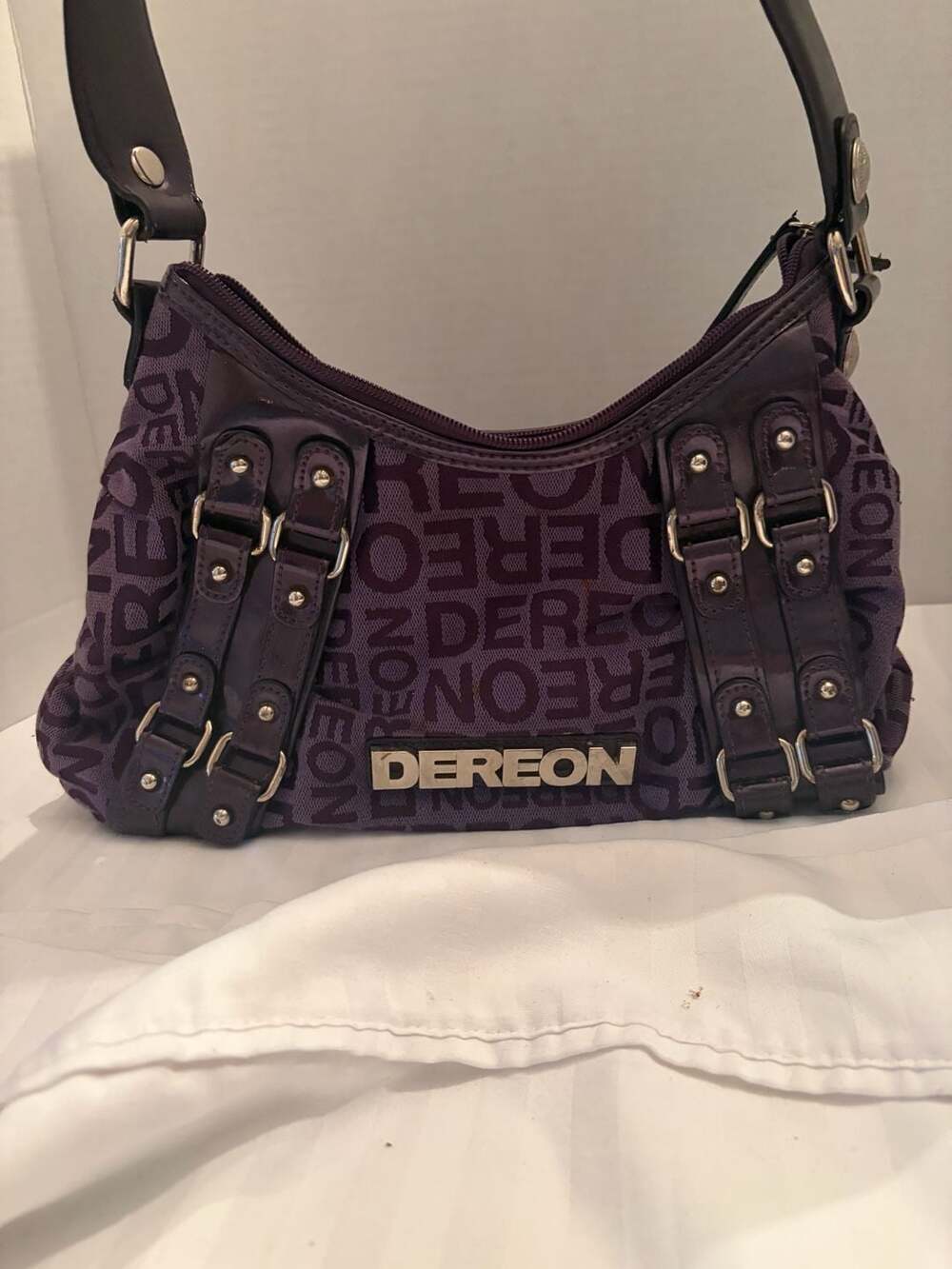 Dereon Purple Monogram Y2K Shoulder Bag with Patent Leather Trim